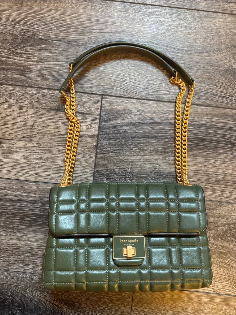 Kate Spade Quilted Olive Green Leather Chain Shoulder Bag with Gold Hardware